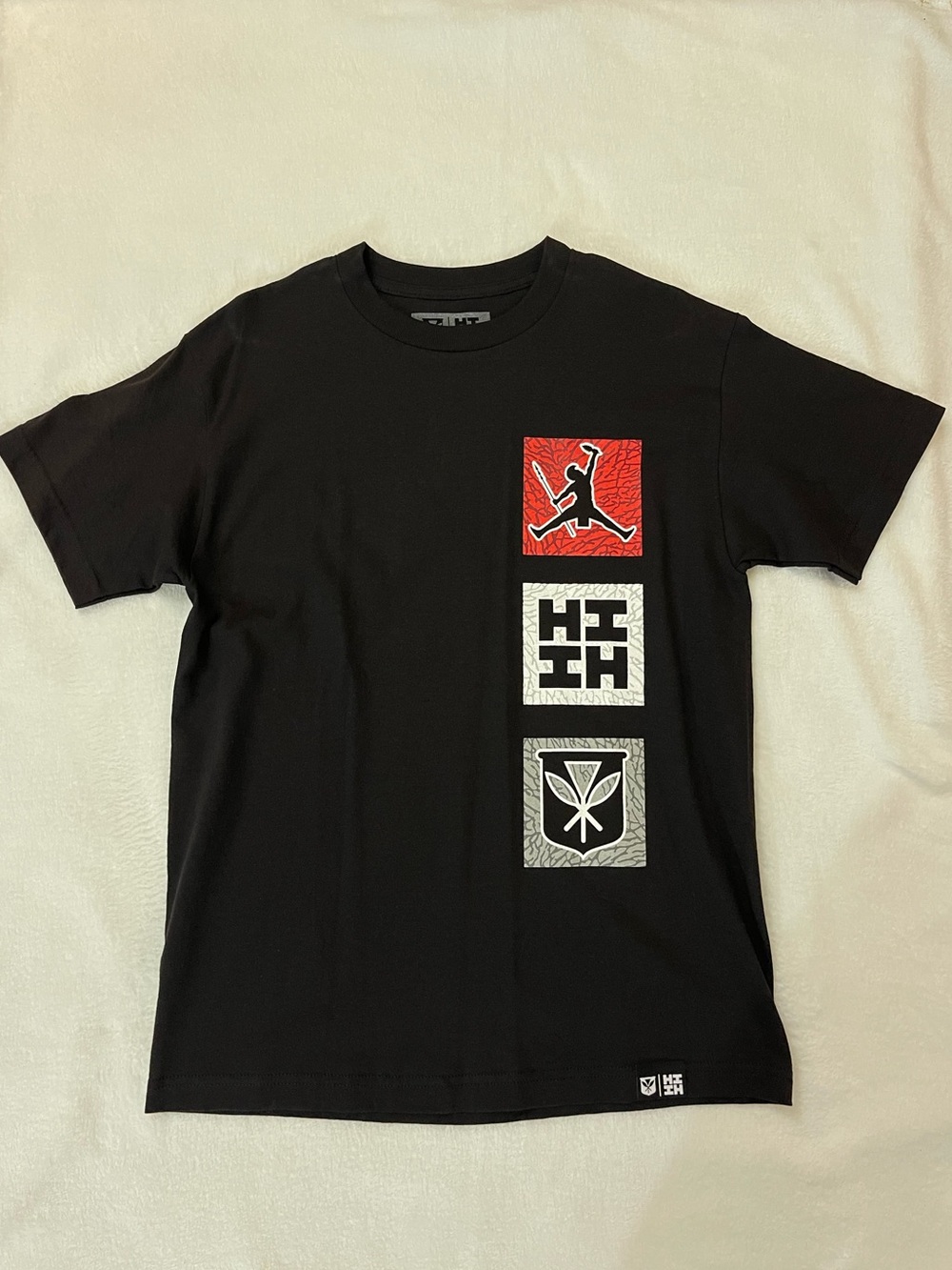 NWOT Hawaii's Finest Black Tee with Red and Gray Graphic Panels